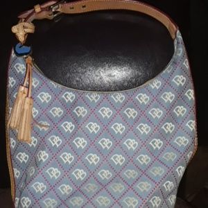 Dooney & Bourke Denim w/ Allover Tan Logo Saddle L
